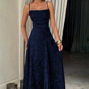 Navy Blue Elegant Lace-Up Women's Lace Dress